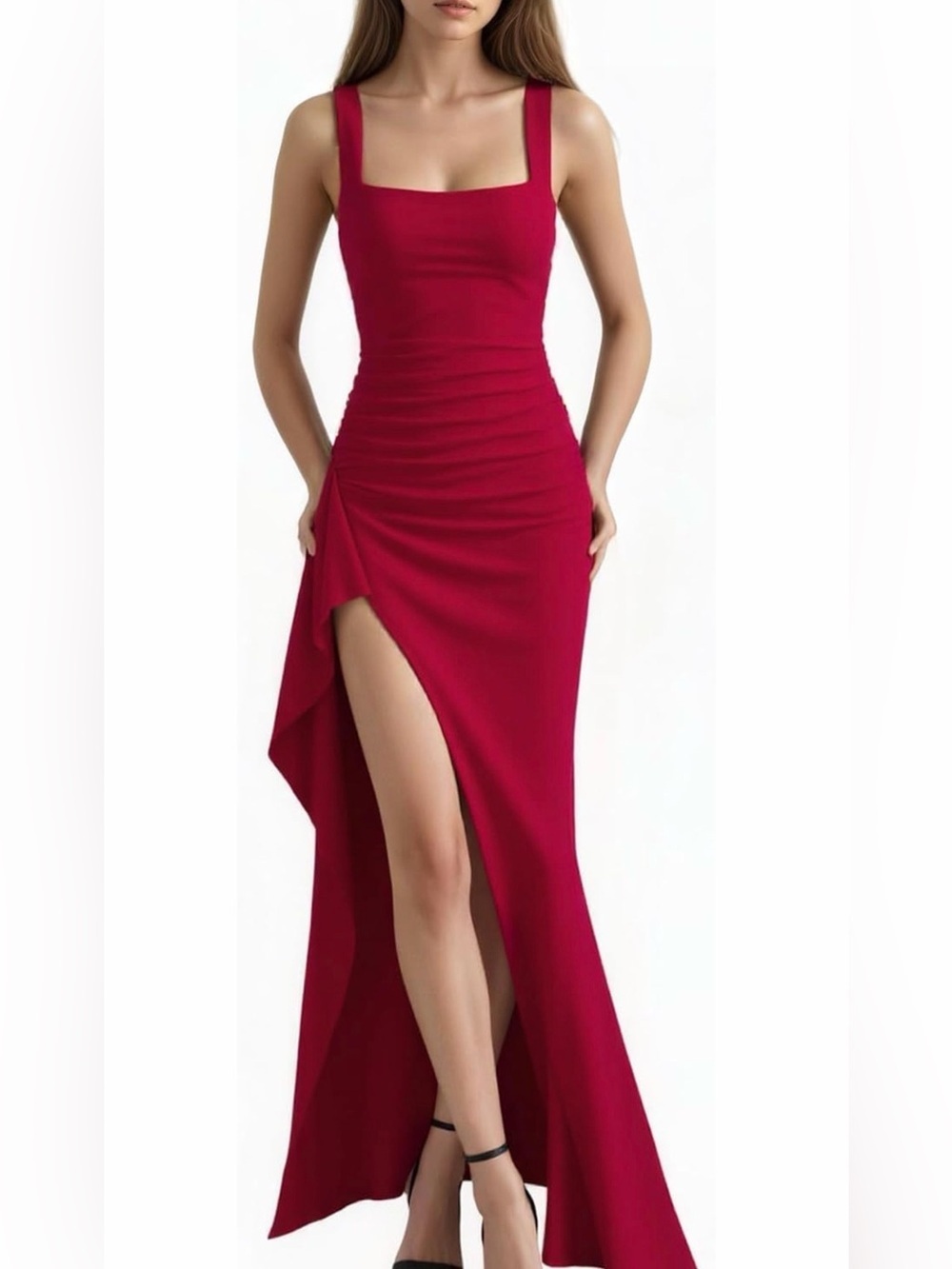 NWOT Elegant Red High-Low Square-Neck Evening Dress, Small